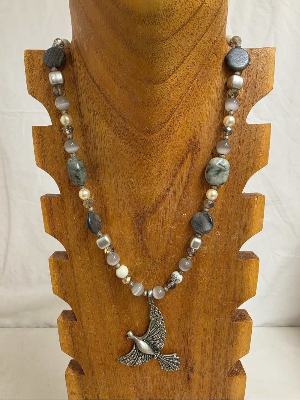Handmade Dove Bird Pendant Necklace Gray White Beaded Rhinestone Style New